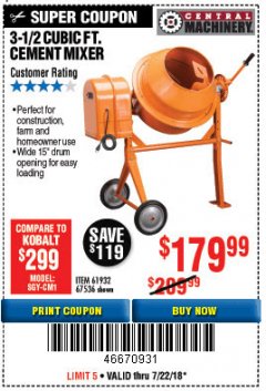Harbor Freight Coupon 3-1/2 CUBIC FT. CEMENT MIXER Lot No. 67536/61932 Expired: 7/22/18 - $179.99