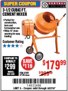 Harbor Freight Coupon 3-1/2 CUBIC FT. CEMENT MIXER Lot No. 67536/61932 Expired: 8/27/18 - $179.99