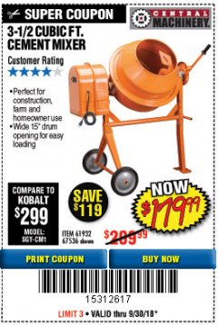 Harbor Freight Coupon 3-1/2 CUBIC FT. CEMENT MIXER Lot No. 67536/61932 Expired: 9/30/18 - $179.99
