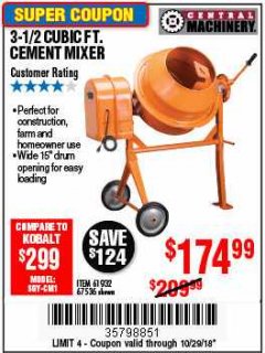 Harbor Freight Coupon 3-1/2 CUBIC FT. CEMENT MIXER Lot No. 67536/61932 Expired: 10/29/18 - $174.99