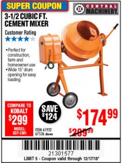 Harbor Freight Coupon 3-1/2 CUBIC FT. CEMENT MIXER Lot No. 67536/61932 Expired: 12/17/18 - $174.99