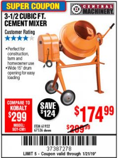 Harbor Freight Coupon 3-1/2 CUBIC FT. CEMENT MIXER Lot No. 67536/61932 Expired: 1/21/19 - $174.99