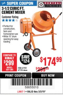 Harbor Freight Coupon 3-1/2 CUBIC FT. CEMENT MIXER Lot No. 67536/61932 Expired: 3/3/19 - $174.99