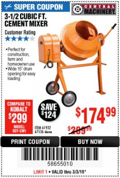 Harbor Freight Coupon 3-1/2 CUBIC FT. CEMENT MIXER Lot No. 67536/61932 Expired: 3/3/19 - $174.99