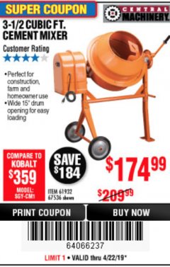 Harbor Freight Coupon 3-1/2 CUBIC FT. CEMENT MIXER Lot No. 67536/61932 Expired: 4/23/19 - $174.99