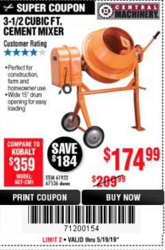 Harbor Freight Coupon 3-1/2 CUBIC FT. CEMENT MIXER Lot No. 67536/61932 Expired: 5/19/19 - $174.99