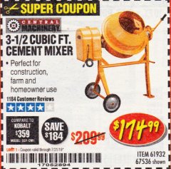 Harbor Freight Coupon 3-1/2 CUBIC FT. CEMENT MIXER Lot No. 67536/61932 Expired: 7/31/19 - $174.99