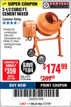 Harbor Freight Coupon 3-1/2 CUBIC FT. CEMENT MIXER Lot No. 67536/61932 Expired: 7/7/19 - $174.99