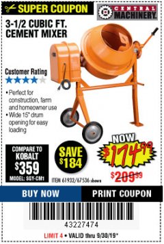 Harbor Freight Coupon 3-1/2 CUBIC FT. CEMENT MIXER Lot No. 67536/61932 Expired: 9/30/19 - $174.99