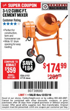 Harbor Freight Coupon 3-1/2 CUBIC FT. CEMENT MIXER Lot No. 67536/61932 Expired: 12/22/19 - $174.99