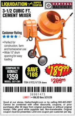 Harbor Freight Coupon 3-1/2 CUBIC FT. CEMENT MIXER Lot No. 67536/61932 Expired: 3/31/20 - $189.99