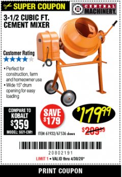 Harbor Freight Coupon 3-1/2 CUBIC FT. CEMENT MIXER Lot No. 67536/61932 Expired: 6/30/20 - $179.99