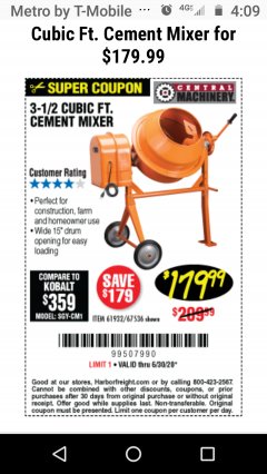 Harbor Freight Coupon 3-1/2 CUBIC FT. CEMENT MIXER Lot No. 67536/61932 Expired: 6/30/20 - $179.99