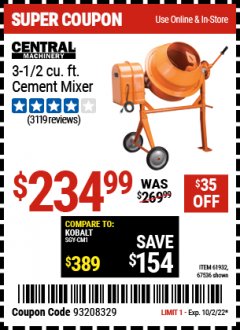 Harbor Freight Coupon 3-1/2 CUBIC FT. CEMENT MIXER Lot No. 67536/61932 Expired: 10/2/22 - $234.99