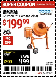 Harbor Freight Coupon 3-1/2 CUBIC FT. CEMENT MIXER Lot No. 67536/61932 Expired: 10/12/23 - $199.99