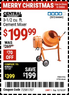 Harbor Freight Coupon 3-1/2 CUBIC FT. CEMENT MIXER Lot No. 67536/61932 Expired: 12/10/23 - $199.99