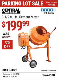 Harbor Freight Coupon CENTRAL MACHINERY 3-1/2 CU. FT. CEMENT MIXER Lot No. 67536/61932 Expired: 3/8/26 - $199.99