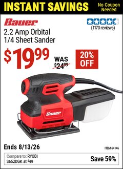 Harbor Freight Coupon BAUER 2.2 AMP ORBITAL 1/4 SHEET SANDER Lot No. 64146 Valid Thru: 8/13/26 - $19.99