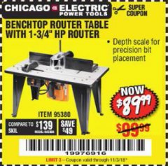 Harbor Freight Coupon BENCHTOP ROUTER TABLE WITH 1-3/4” HP ROUTER Lot No. 95380 Expired: 11/3/18 - $0