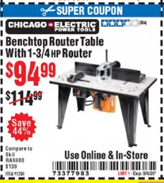 Harbor Freight Coupon BENCHTOP ROUTER TABLE WITH 1-3/4” HP ROUTER Lot No. 95380 Expired: 9/6/20 - $94.99