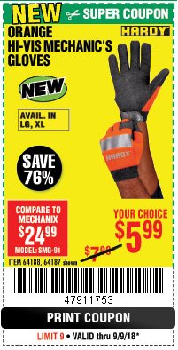 Harbor Freight Coupon HI-VIS MECHANIC'S GLOVES ORANGE/YELLOW Lot No. 64188/64187/64185/64186 Expired: 9/9/18 - $5.99