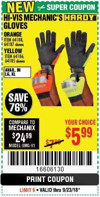 Harbor Freight Coupon HI-VIS MECHANIC'S GLOVES ORANGE/YELLOW Lot No. 64188/64187/64185/64186 Expired: 9/23/18 - $5.99