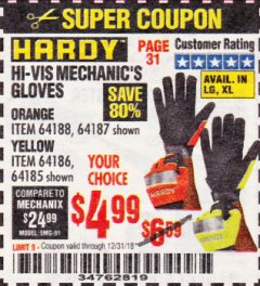 Harbor Freight Coupon HI-VIS MECHANIC'S GLOVES ORANGE/YELLOW Lot No. 64188/64187/64185/64186 Expired: 12/31/18 - $4.99