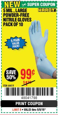 Harbor Freight Coupon 5 MIL, LARGE POWDER-FREE NITRILE GLOVES PACK OF 10 Lot No. 64419 Expired: 9/9/18 - $0.99