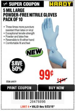 Harbor Freight Coupon 5 MIL, LARGE POWDER-FREE NITRILE GLOVES PACK OF 10 Lot No. 64419 Expired: 9/23/18 - $0.99