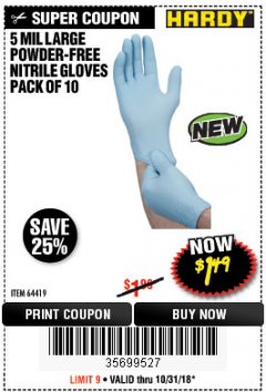 Harbor Freight Coupon 5 MIL, LARGE POWDER-FREE NITRILE GLOVES PACK OF 10 Lot No. 64419 Expired: 10/31/18 - $1.49