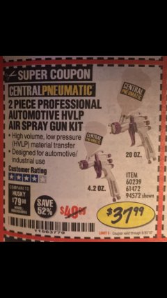 Harbor Freight Coupon 2 PIECE PROFESSIONAL AUTOMOTIVE HVLP SPRAY GUN KIT Lot No. 94572/60239/61472 Expired: 6/30/18 - $37.99