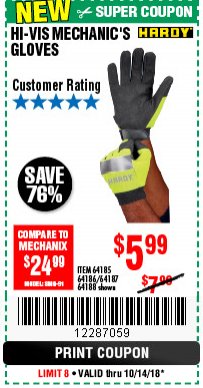 Harbor Freight Coupon YELLOW HI-VIS MECHANIC'S GLOVES Lot No. 64186/64185 Expired: 10/14/18 - $5.99