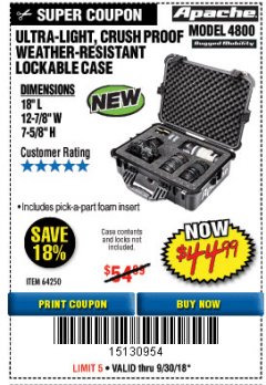 Harbor Freight Coupon APACHE 4800 WEATHERPROOF CASE Lot No. 64250 Expired: 9/30/18 - $44.99