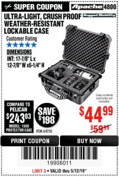 Harbor Freight Coupon APACHE 4800 WEATHERPROOF CASE Lot No. 64250 Expired: 5/12/19 - $44.99