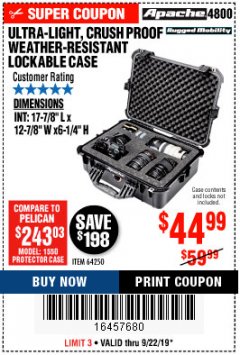 Harbor Freight Coupon APACHE 4800 WEATHERPROOF CASE Lot No. 64250 Expired: 9/22/19 - $44.99