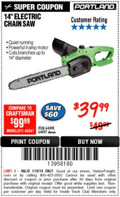 Harbor Freight ITC Coupon 14" ELECTRIC CHAIN SAW Lot No. 64497/64498 Expired: 1/10/19 - $39.99
