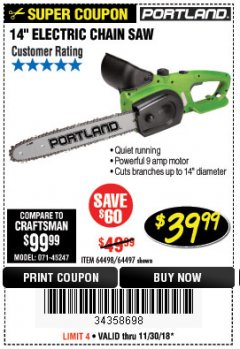 Harbor Freight Coupon 14" ELECTRIC CHAIN SAW Lot No. 64497/64498 Expired: 11/30/18 - $39.99
