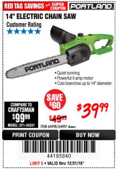 Harbor Freight Coupon 14" ELECTRIC CHAIN SAW Lot No. 64497/64498 Expired: 12/31/18 - $39.99
