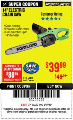 Harbor Freight Coupon 14" ELECTRIC CHAIN SAW Lot No. 64497/64498 Expired: 3/17/19 - $39.99
