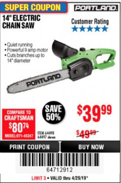 Harbor Freight Coupon 14" ELECTRIC CHAIN SAW Lot No. 64497/64498 Expired: 4/28/19 - $39.99
