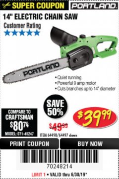 Harbor Freight Coupon 14" ELECTRIC CHAIN SAW Lot No. 64497/64498 Expired: 6/30/19 - $39.99