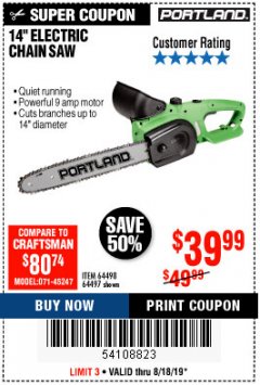 Harbor Freight Coupon 14" ELECTRIC CHAIN SAW Lot No. 64497/64498 Expired: 8/18/19 - $39.99