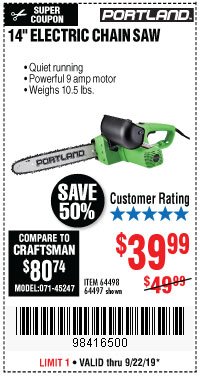 Harbor Freight Coupon 14" ELECTRIC CHAIN SAW Lot No. 64497/64498 Expired: 9/22/19 - $39.99