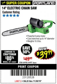 Harbor Freight Coupon 14" ELECTRIC CHAIN SAW Lot No. 64497/64498 Expired: 11/30/19 - $39.99