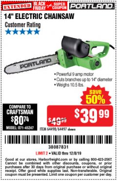 Harbor Freight Coupon 14" ELECTRIC CHAIN SAW Lot No. 64497/64498 Expired: 12/8/19 - $39.99