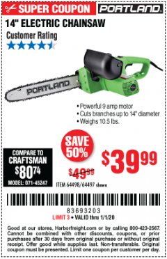 Harbor Freight Coupon 14" ELECTRIC CHAIN SAW Lot No. 64497/64498 Expired: 1/1/20 - $39.99