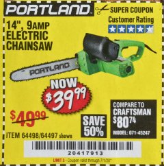 Harbor Freight Coupon 14" ELECTRIC CHAIN SAW Lot No. 64497/64498 Expired: 7/1/20 - $39.99