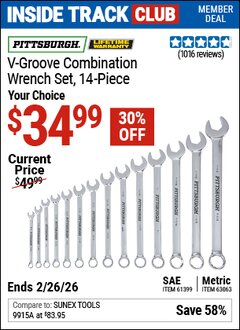 Harbor Freight Coupon PITTSBURGH V-GROOVE COMBINATION WRENCH SET, 14-PIECE Lot No. 61399/63063 Valid: 12/31/69 - 2/26/26 - $34.99