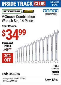 Harbor Freight Coupon PITTSBURGH V-GROOVE COMBINATION WRENCH SET, 14-PIECE Lot No. 61399/63063 Valid: 12/31/69 - 4/30/26 - $34.99