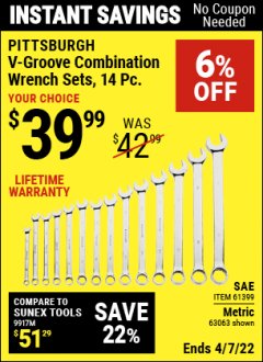 Harbor Freight Coupon 14 PIECE V-GROOVE FULLY POLISHED COMBINATION WRENCH SETS Lot No. 61399/61726/63063/64363 Expired: 4/7/22 - $39.99